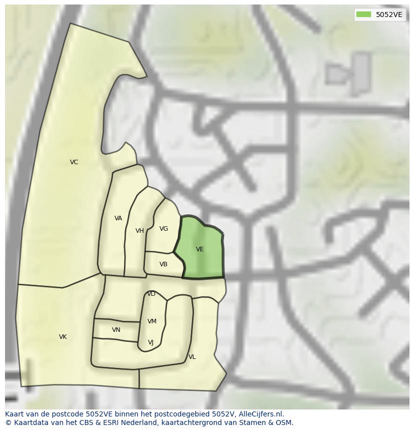 Afbeelding van het postcodegebied 5052 VE op de kaart.