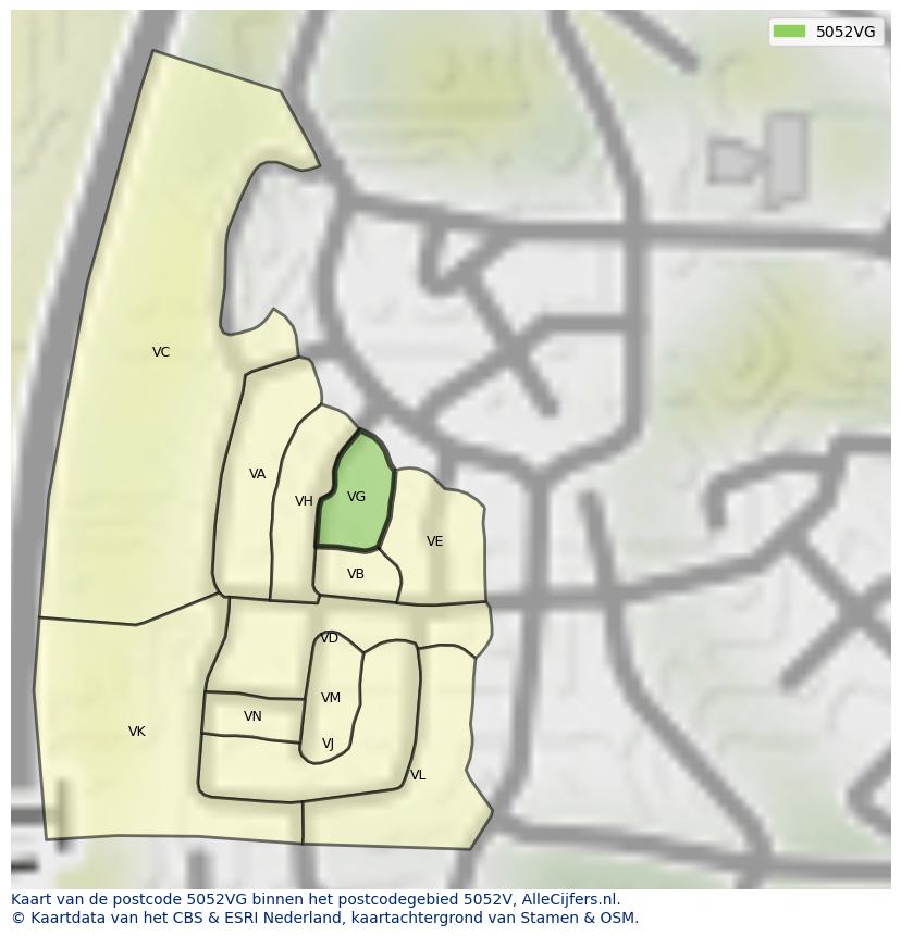 Afbeelding van het postcodegebied 5052 VG op de kaart.