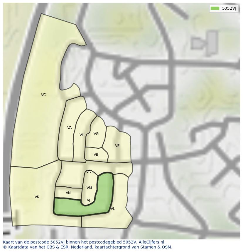 Afbeelding van het postcodegebied 5052 VJ op de kaart.