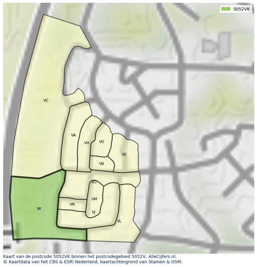 Afbeelding van het postcodegebied 5052 VK op de kaart.