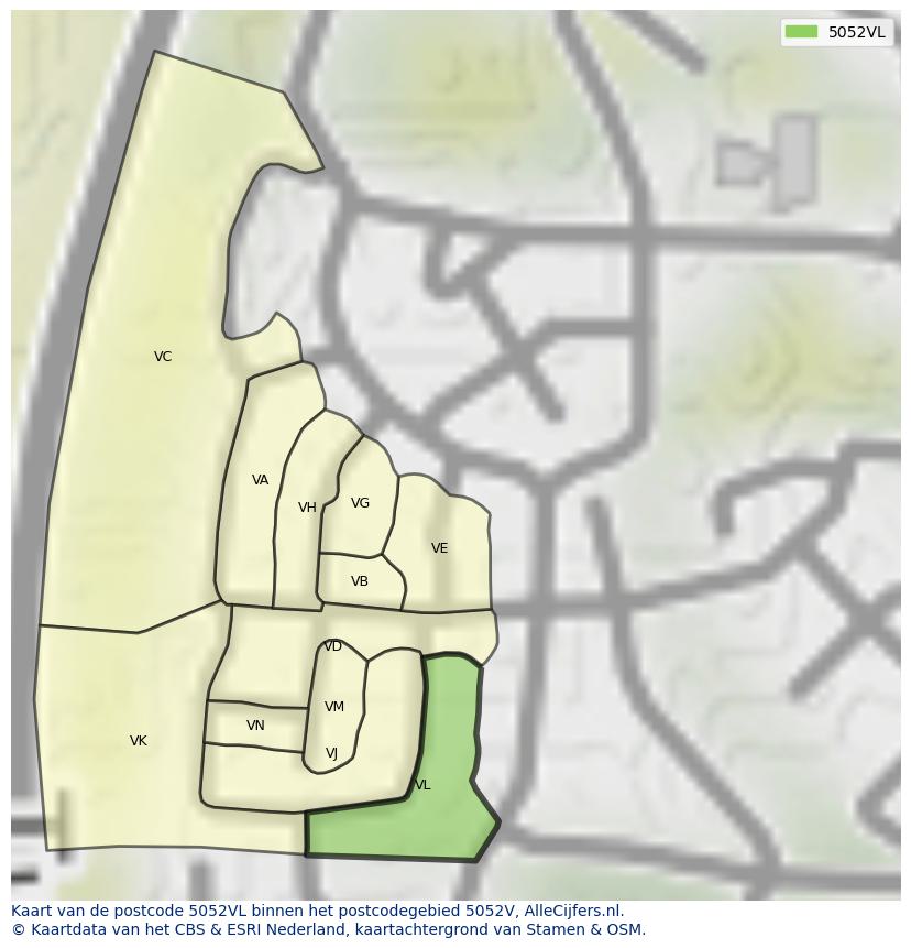 Afbeelding van het postcodegebied 5052 VL op de kaart.