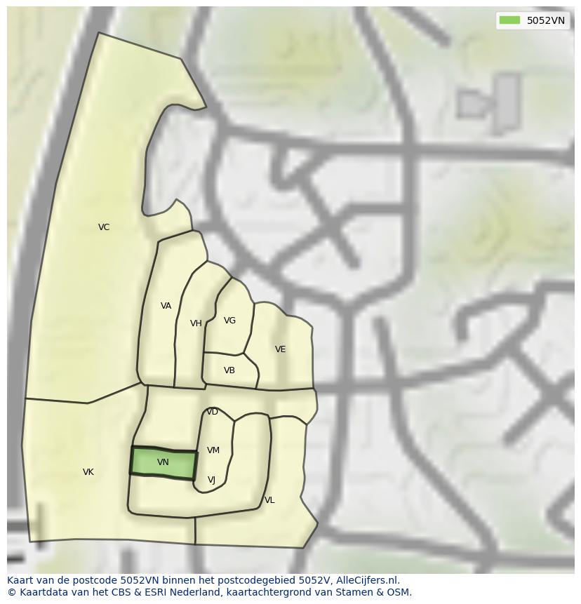 Afbeelding van het postcodegebied 5052 VN op de kaart.