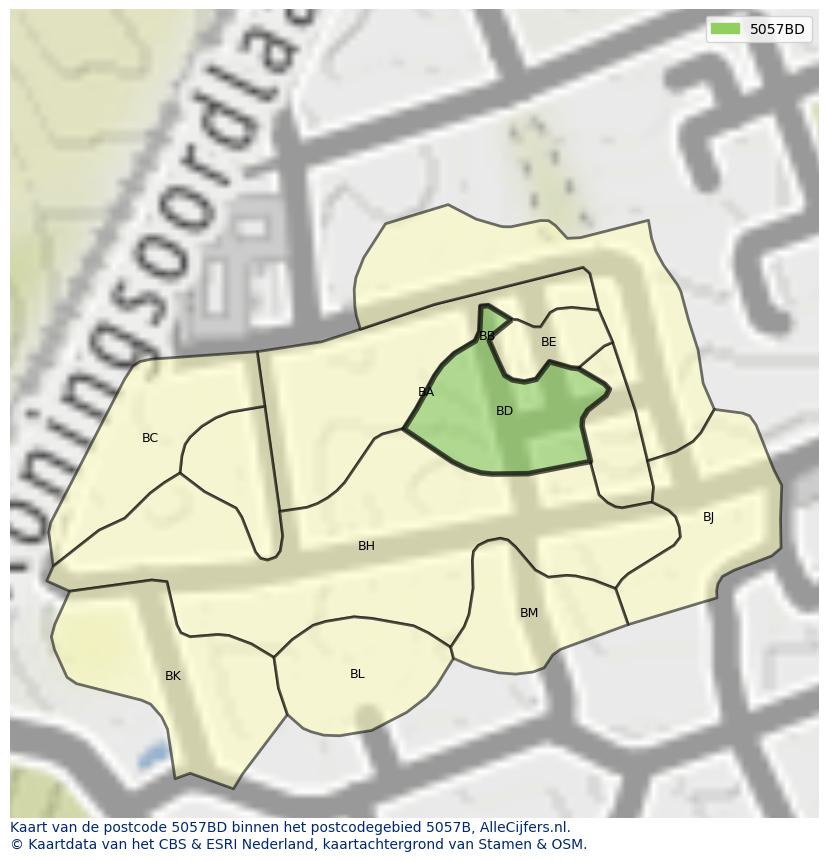 Afbeelding van het postcodegebied 5057 BD op de kaart.