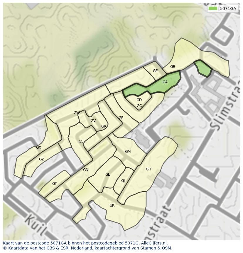 Afbeelding van het postcodegebied 5071 GA op de kaart.