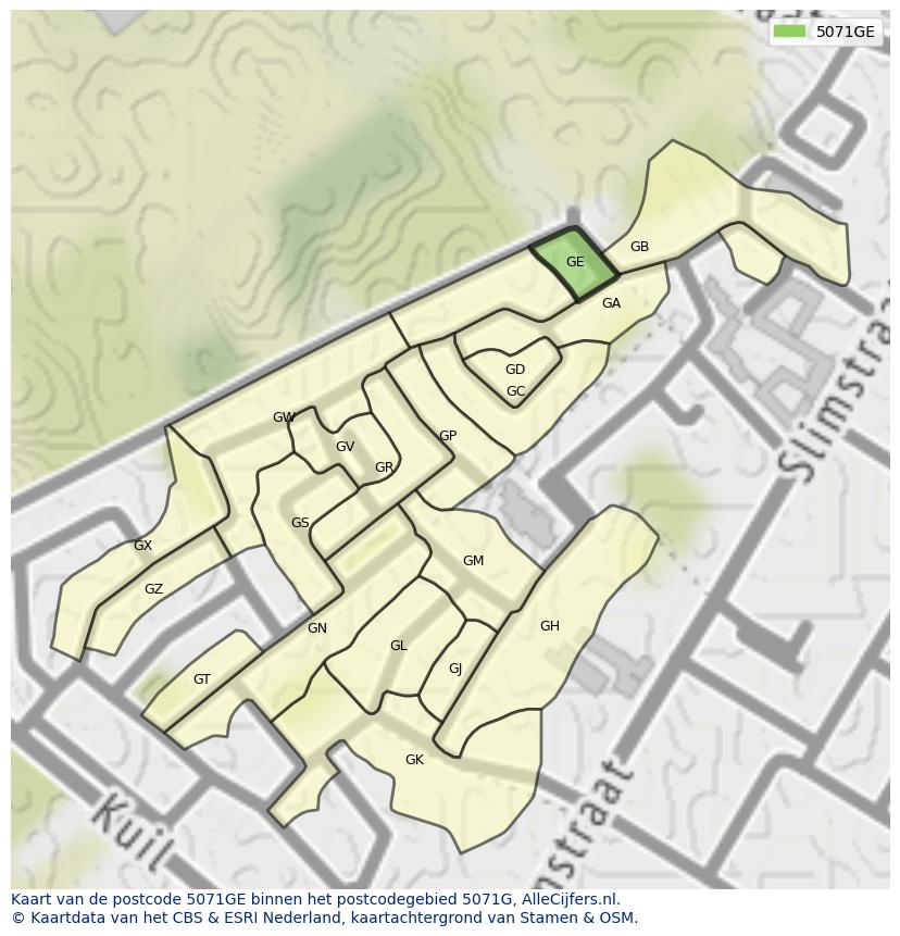 Afbeelding van het postcodegebied 5071 GE op de kaart.