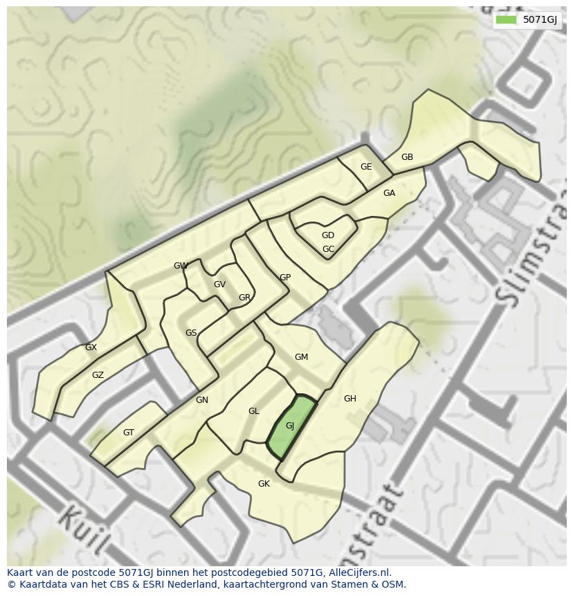 Afbeelding van het postcodegebied 5071 GJ op de kaart.