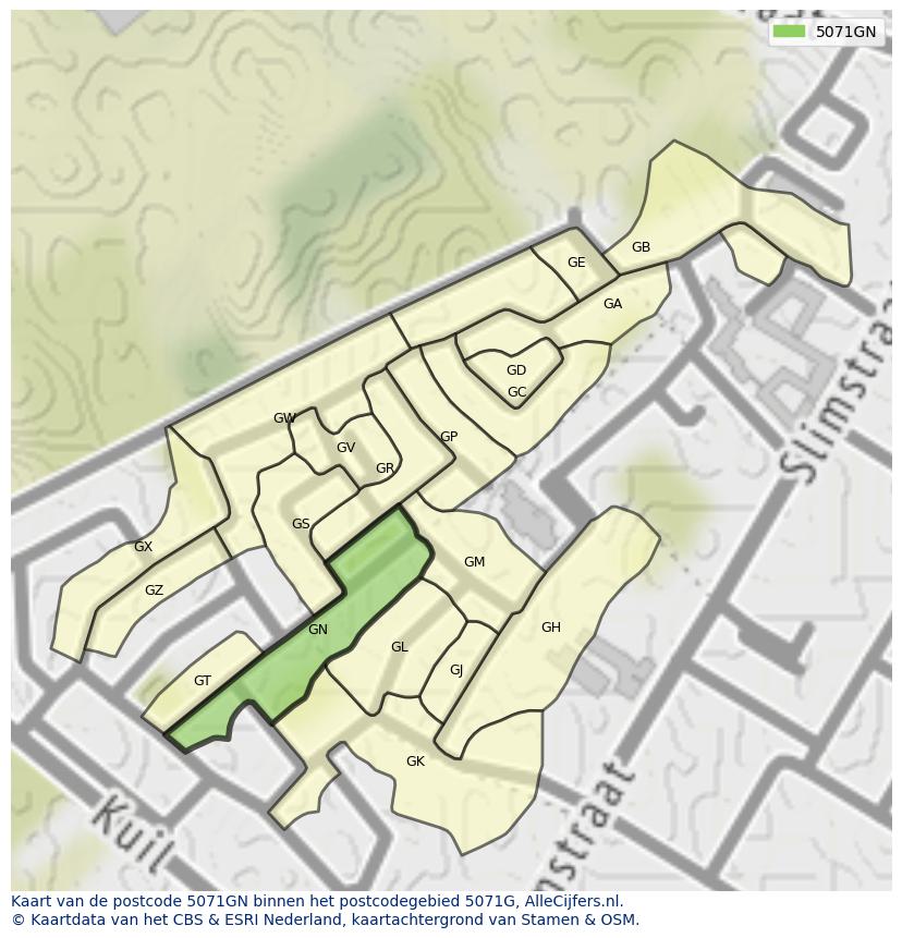 Afbeelding van het postcodegebied 5071 GN op de kaart.