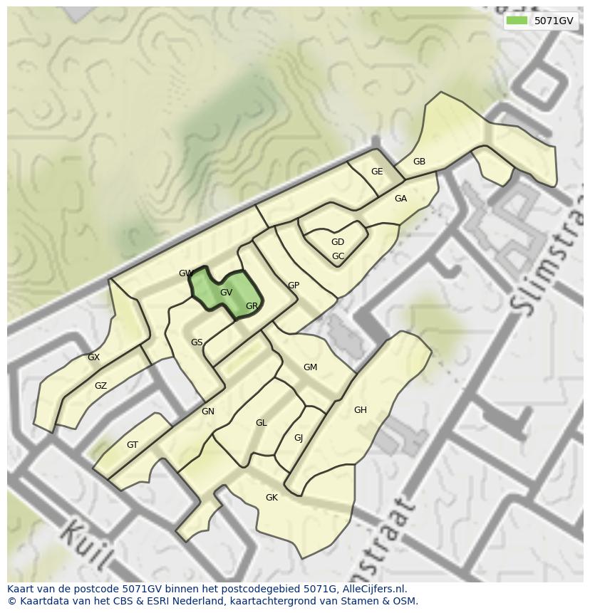 Afbeelding van het postcodegebied 5071 GV op de kaart.