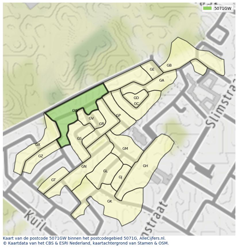 Afbeelding van het postcodegebied 5071 GW op de kaart.
