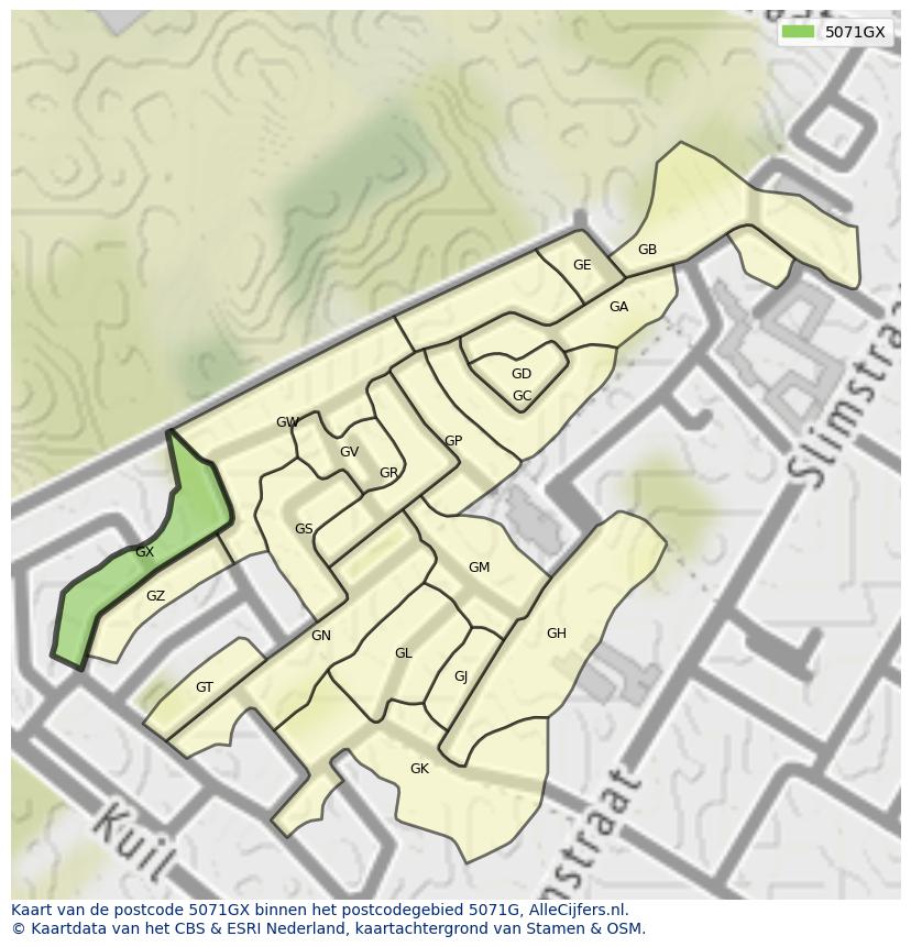 Afbeelding van het postcodegebied 5071 GX op de kaart.