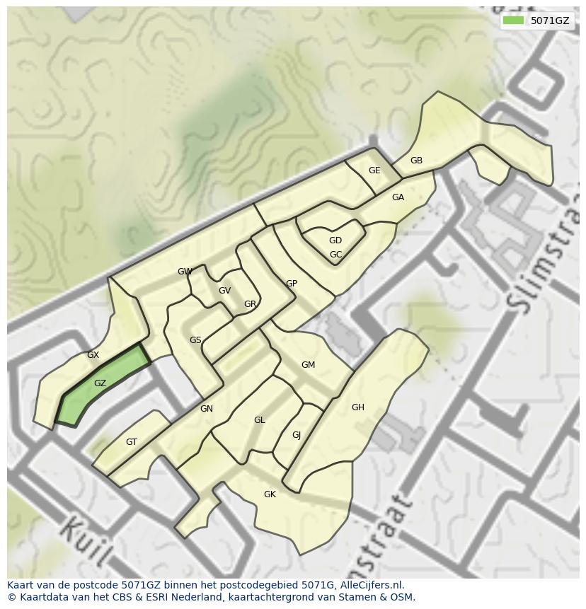Afbeelding van het postcodegebied 5071 GZ op de kaart.