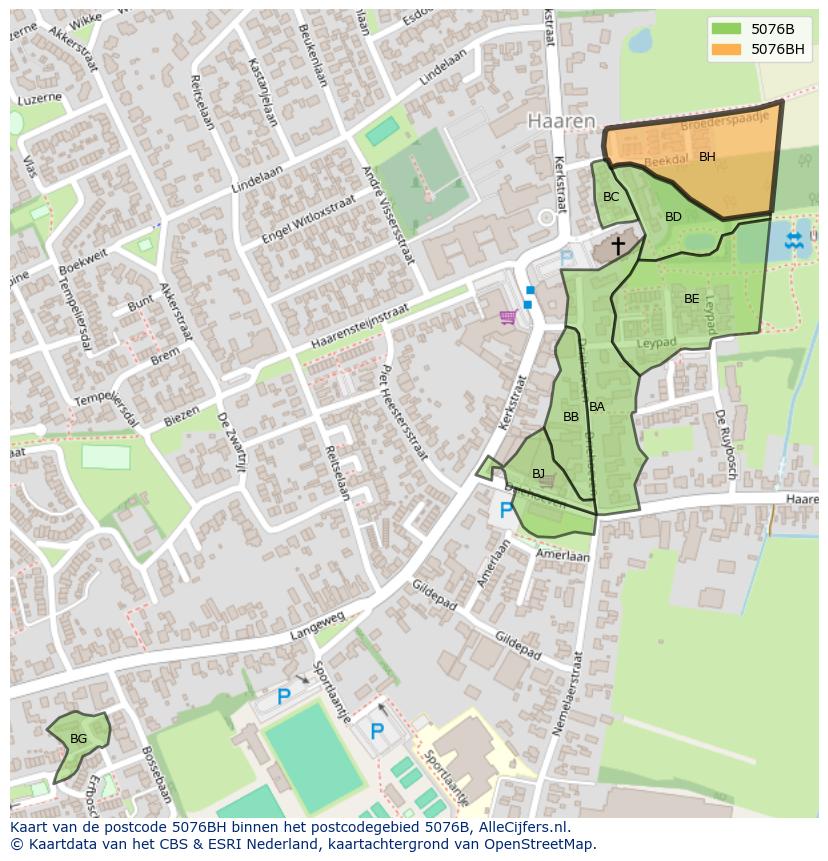 Afbeelding van het postcodegebied 5076 BH op de kaart.