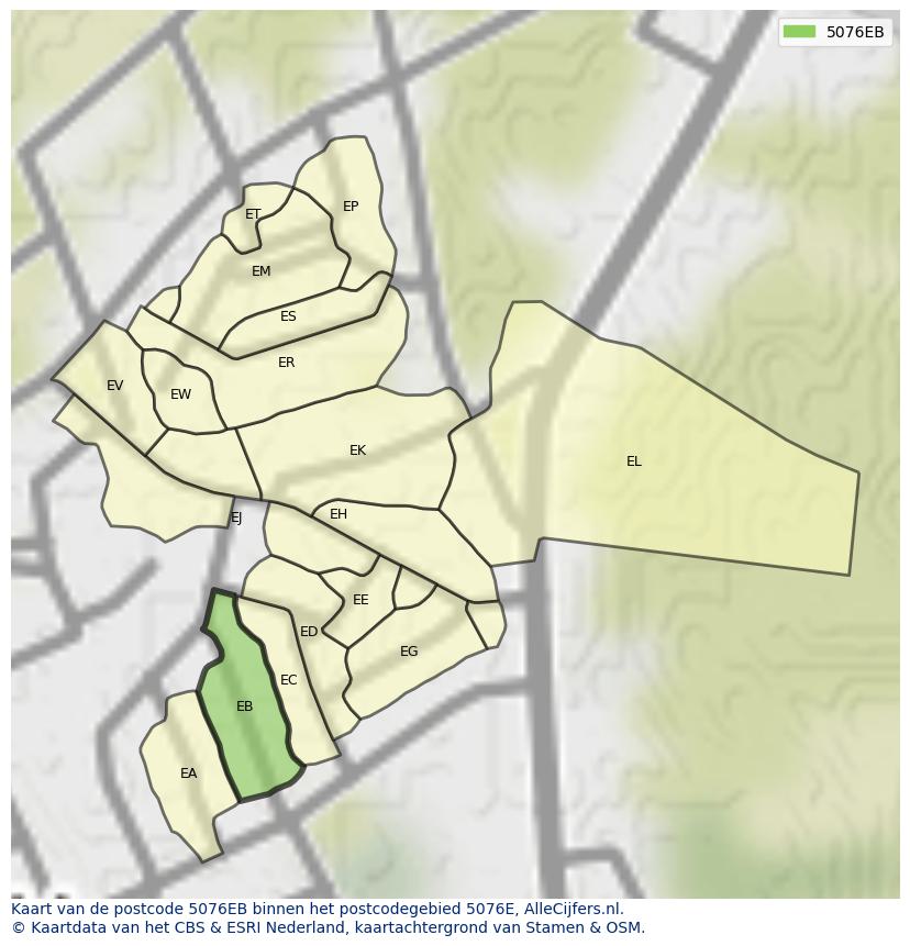 Afbeelding van het postcodegebied 5076 EB op de kaart.