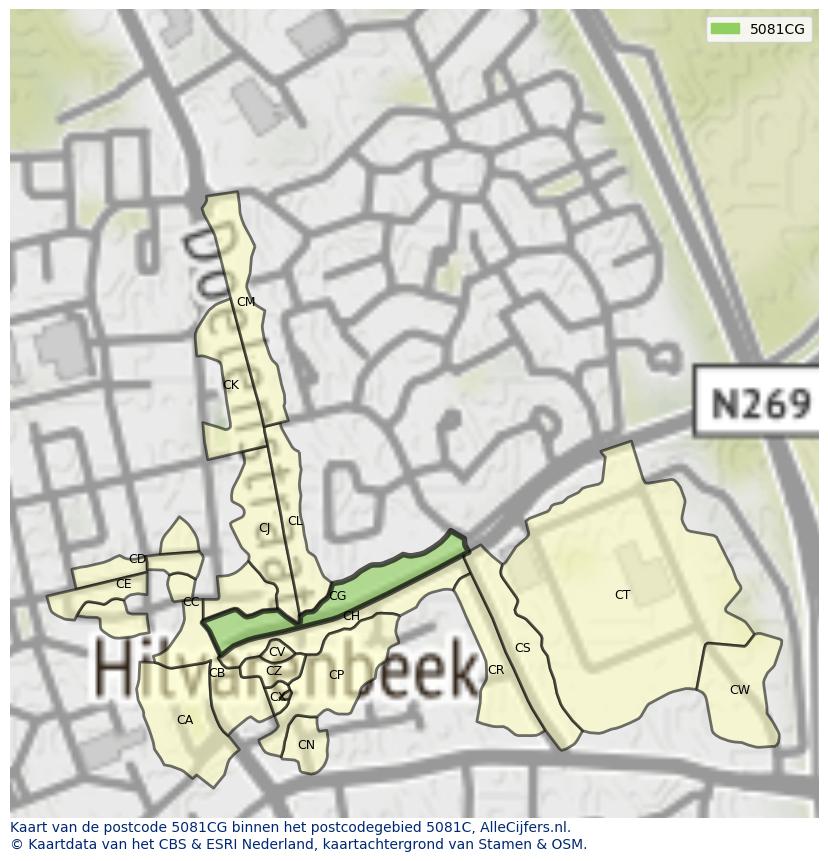 Afbeelding van het postcodegebied 5081 CG op de kaart.