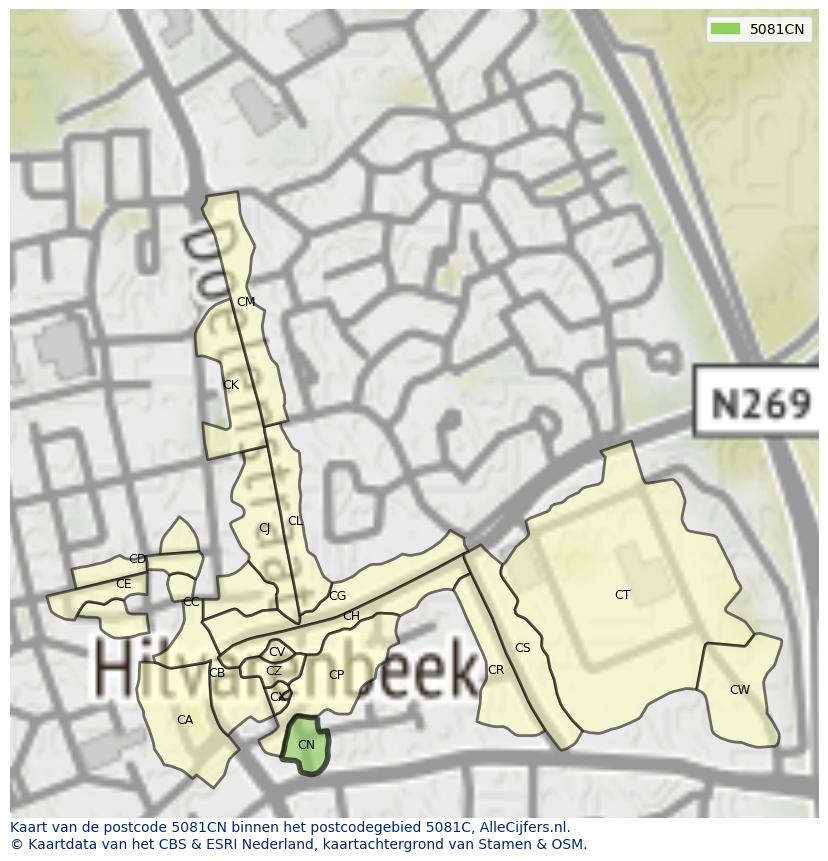Afbeelding van het postcodegebied 5081 CN op de kaart.