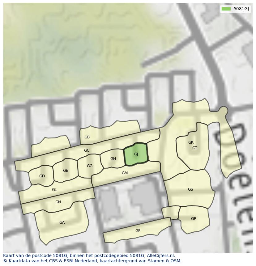 Afbeelding van het postcodegebied 5081 GJ op de kaart.