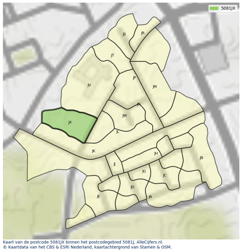 Afbeelding van het postcodegebied 5081 JX op de kaart.