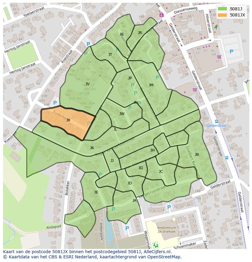 Afbeelding van het postcodegebied 5081 JX op de kaart.
