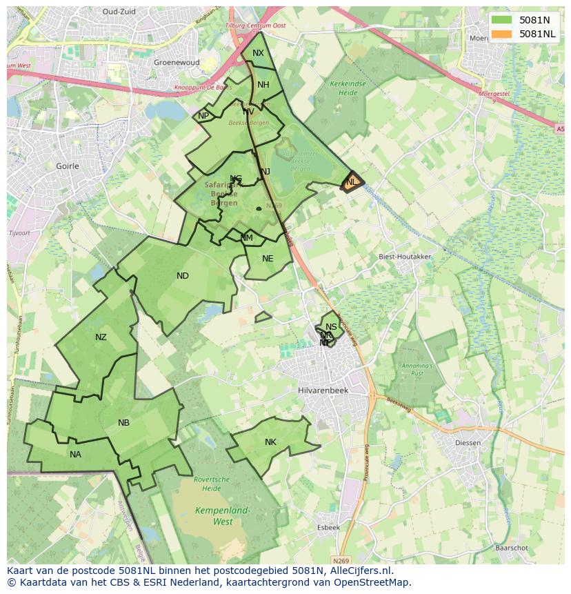 Afbeelding van het postcodegebied 5081 NL op de kaart.