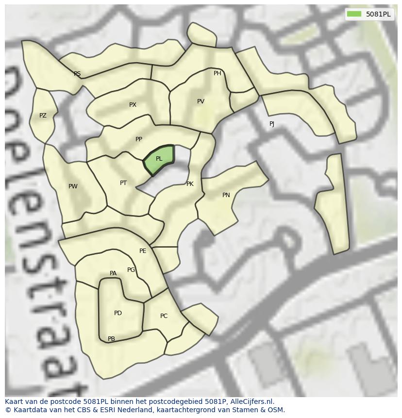 Afbeelding van het postcodegebied 5081 PL op de kaart.