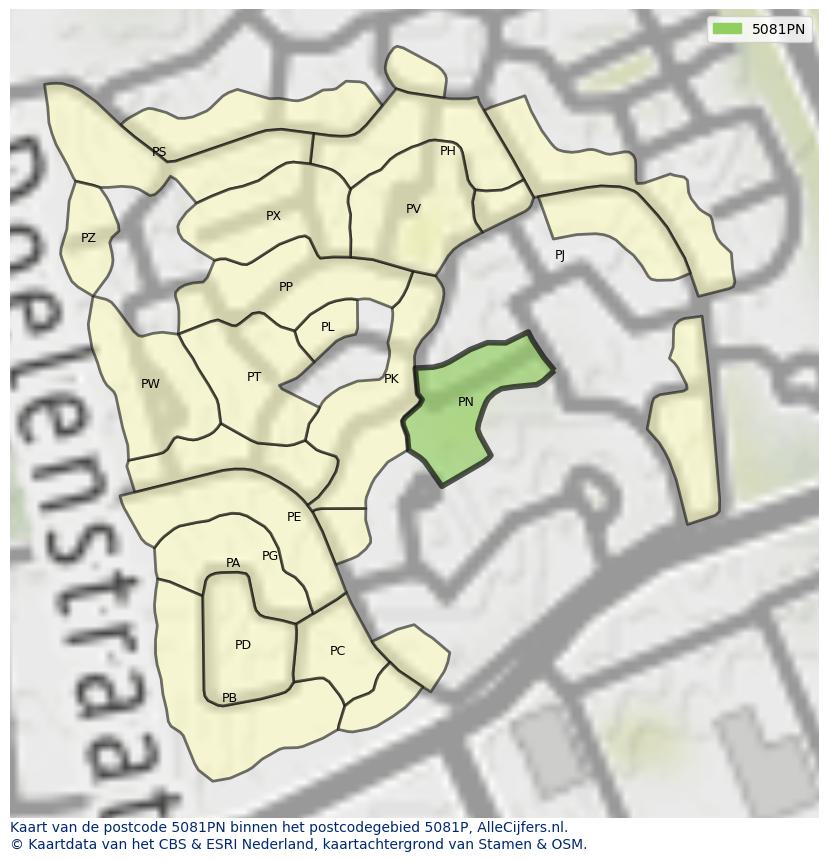 Afbeelding van het postcodegebied 5081 PN op de kaart.