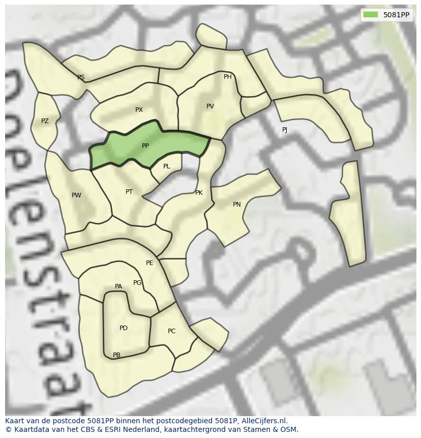 Afbeelding van het postcodegebied 5081 PP op de kaart.