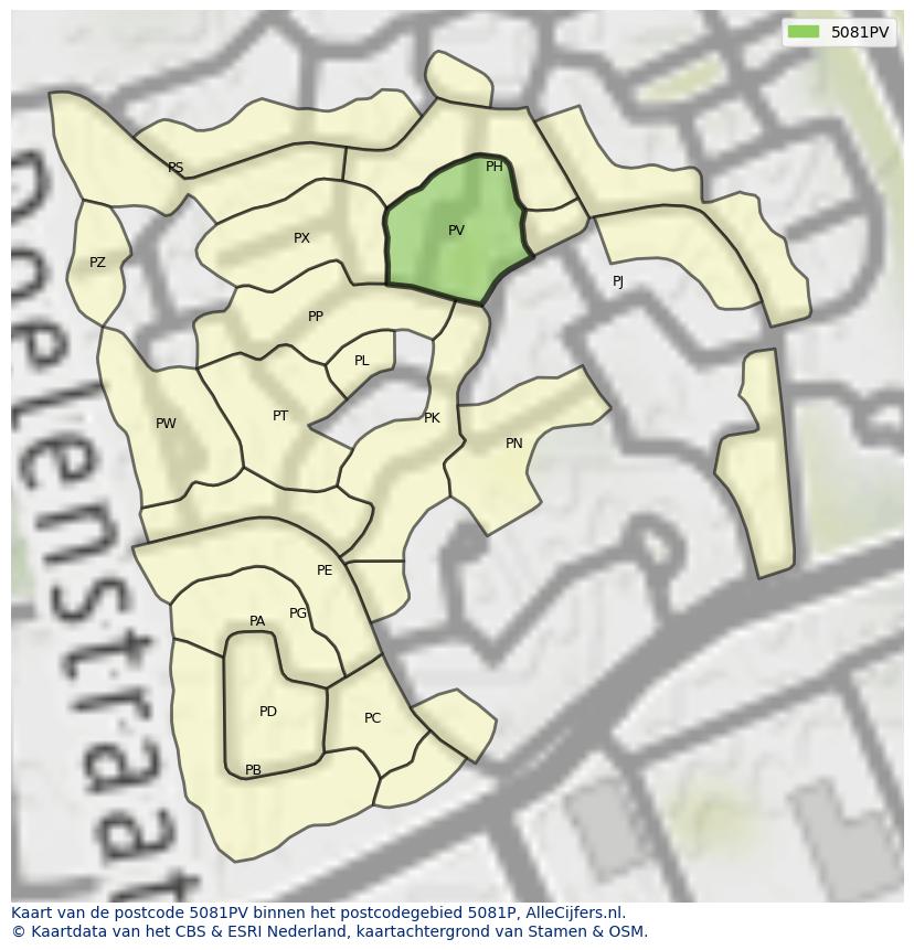 Afbeelding van het postcodegebied 5081 PV op de kaart.