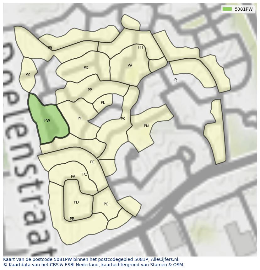 Afbeelding van het postcodegebied 5081 PW op de kaart.