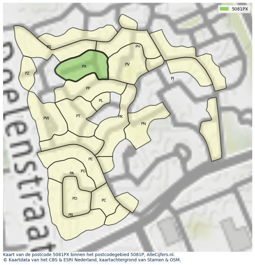 Afbeelding van het postcodegebied 5081 PX op de kaart.