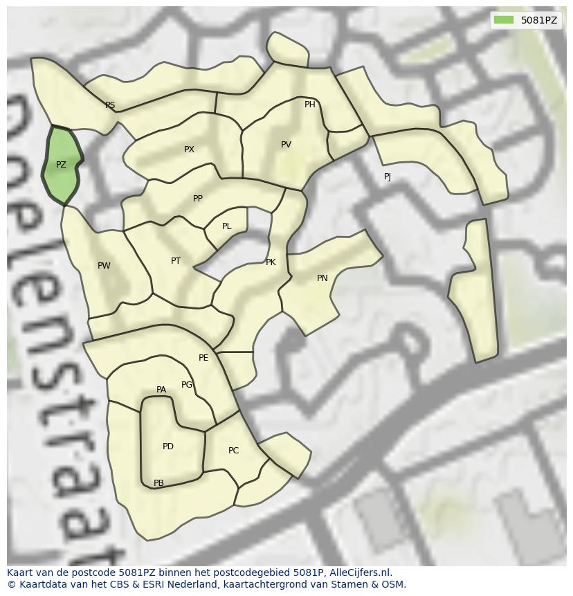 Afbeelding van het postcodegebied 5081 PZ op de kaart.