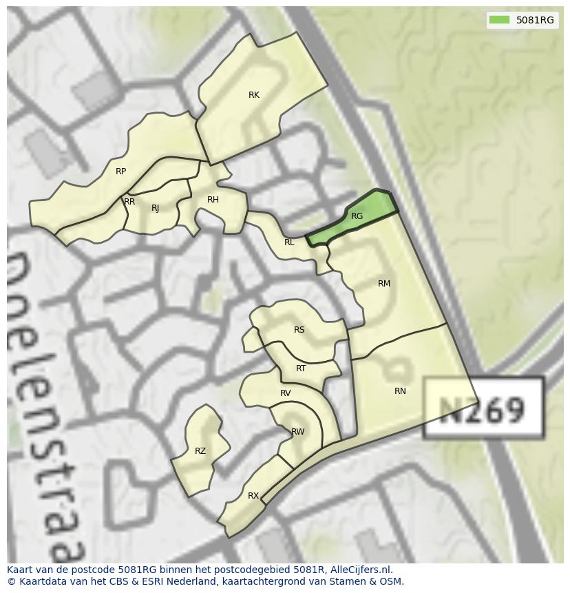Afbeelding van het postcodegebied 5081 RG op de kaart.