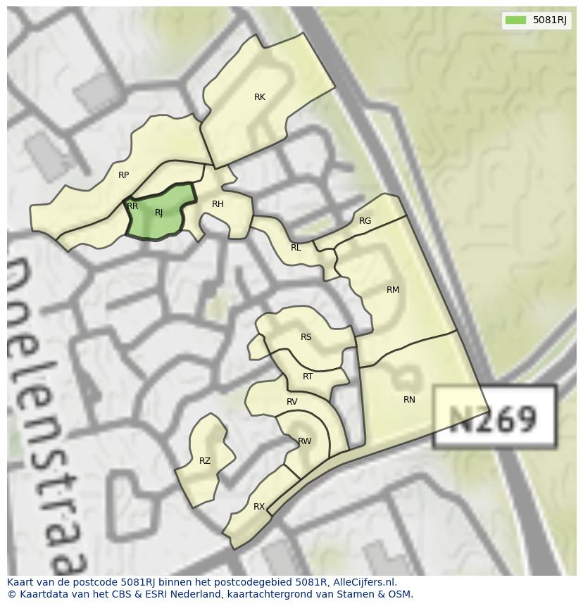 Afbeelding van het postcodegebied 5081 RJ op de kaart.