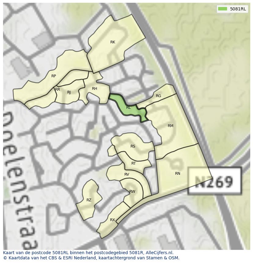 Afbeelding van het postcodegebied 5081 RL op de kaart.