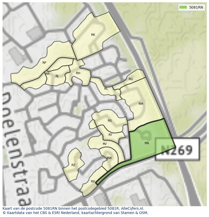 Afbeelding van het postcodegebied 5081 RN op de kaart.