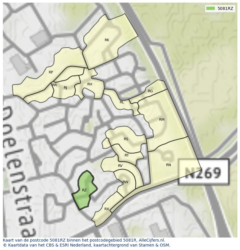 Afbeelding van het postcodegebied 5081 RZ op de kaart.
