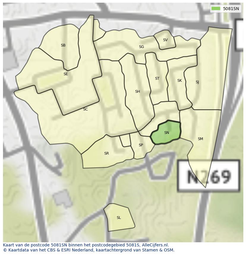 Afbeelding van het postcodegebied 5081 SN op de kaart.