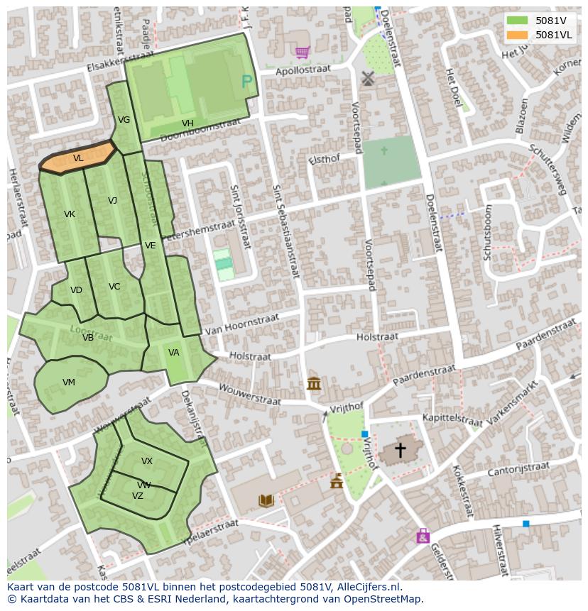 Afbeelding van het postcodegebied 5081 VL op de kaart.