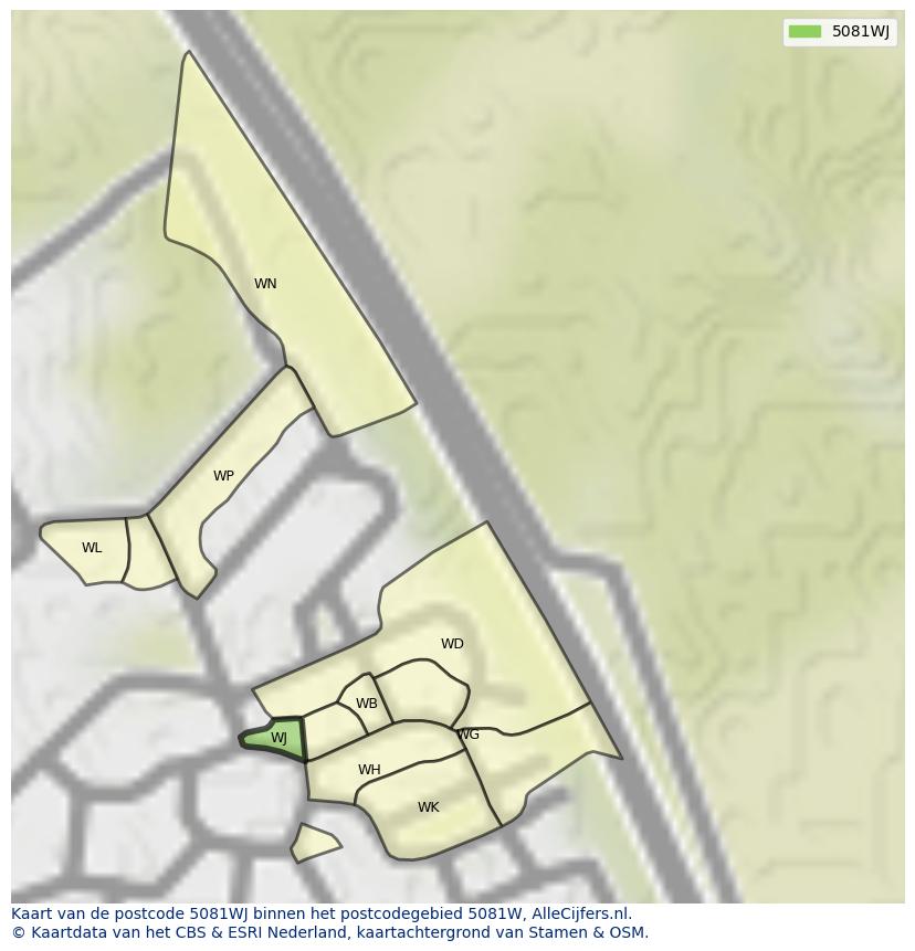Afbeelding van het postcodegebied 5081 WJ op de kaart.