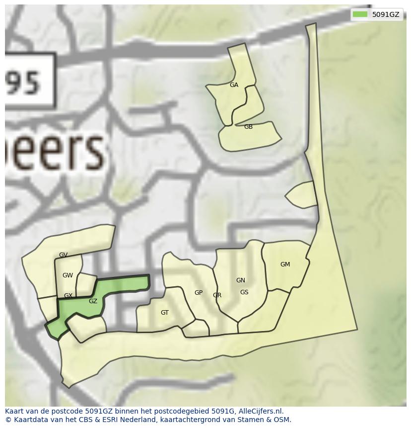 Afbeelding van het postcodegebied 5091 GZ op de kaart.