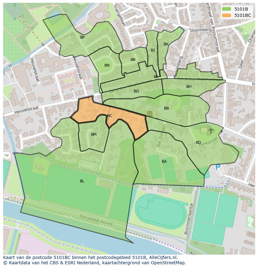 Afbeelding van het postcodegebied 5101 BC op de kaart.