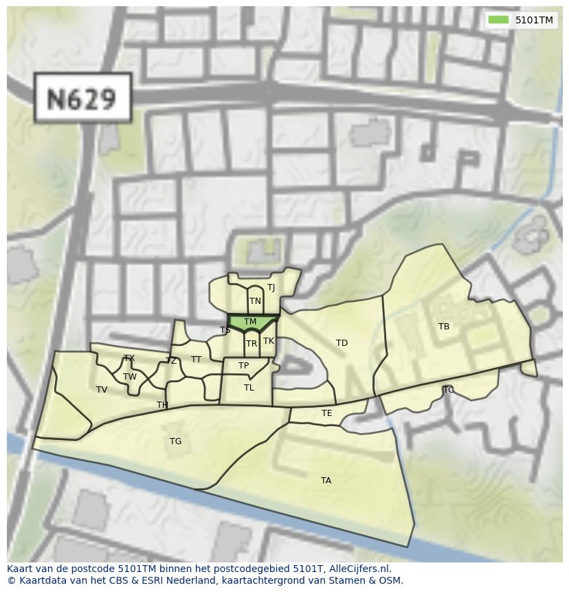 Afbeelding van het postcodegebied 5101 TM op de kaart.