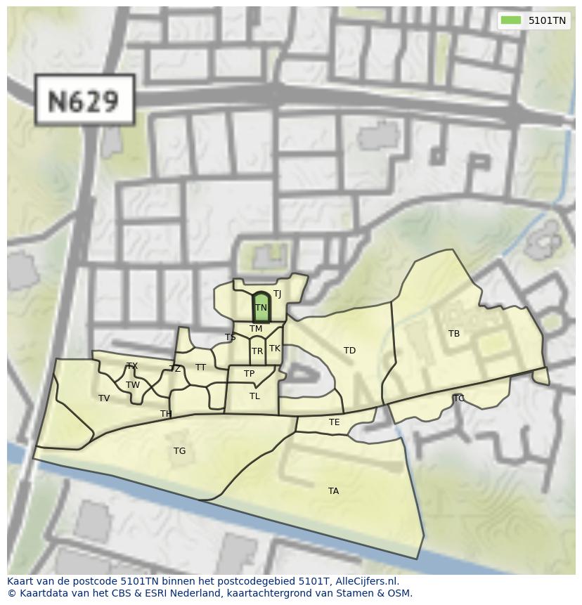 Afbeelding van het postcodegebied 5101 TN op de kaart.