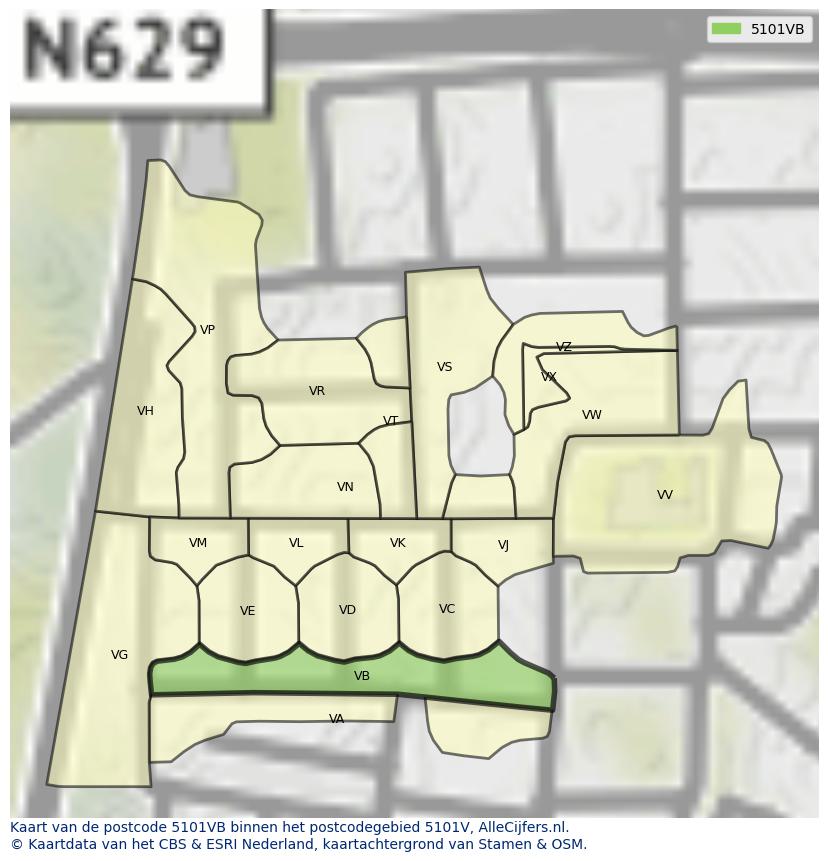 Afbeelding van het postcodegebied 5101 VB op de kaart.