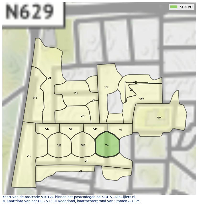 Afbeelding van het postcodegebied 5101 VC op de kaart.
