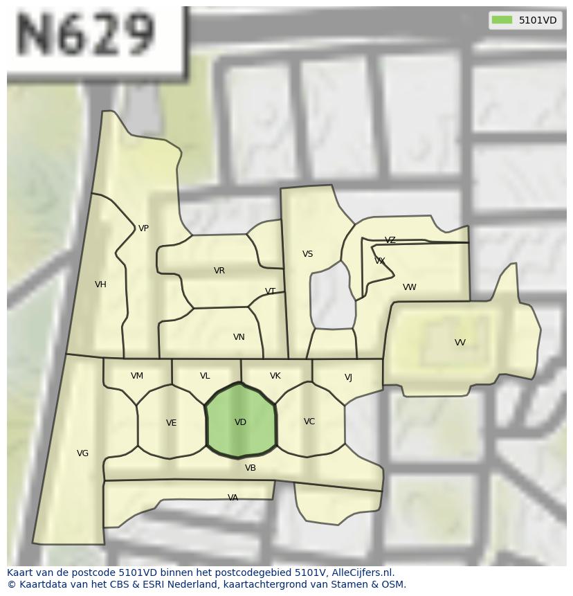 Afbeelding van het postcodegebied 5101 VD op de kaart.