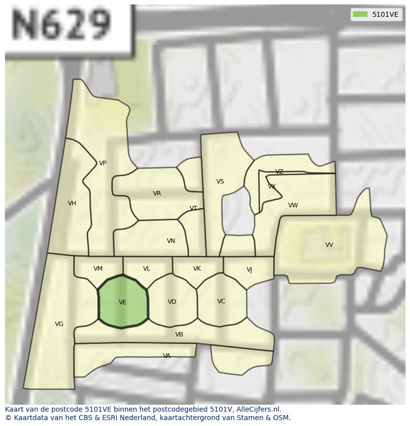 Afbeelding van het postcodegebied 5101 VE op de kaart.