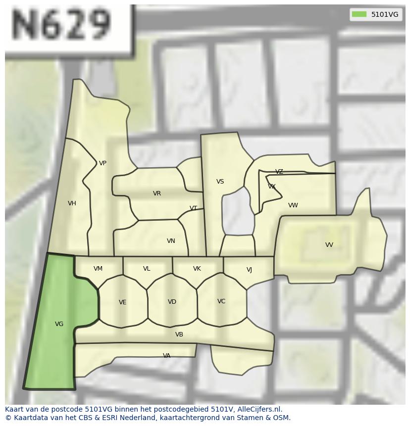 Afbeelding van het postcodegebied 5101 VG op de kaart.