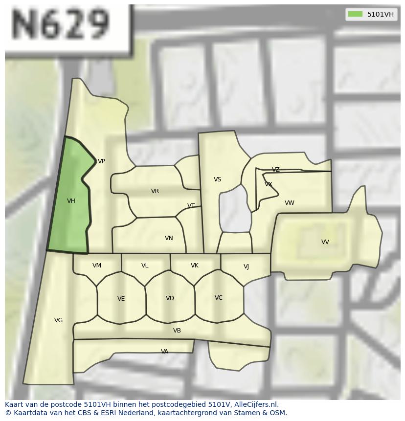 Afbeelding van het postcodegebied 5101 VH op de kaart.