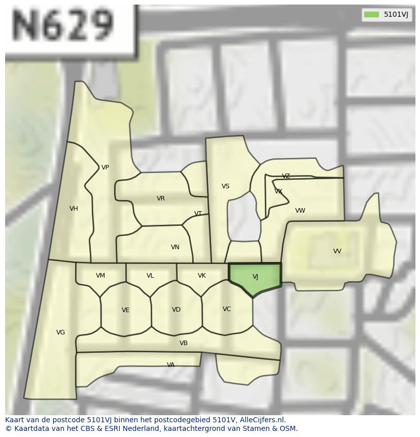 Afbeelding van het postcodegebied 5101 VJ op de kaart.