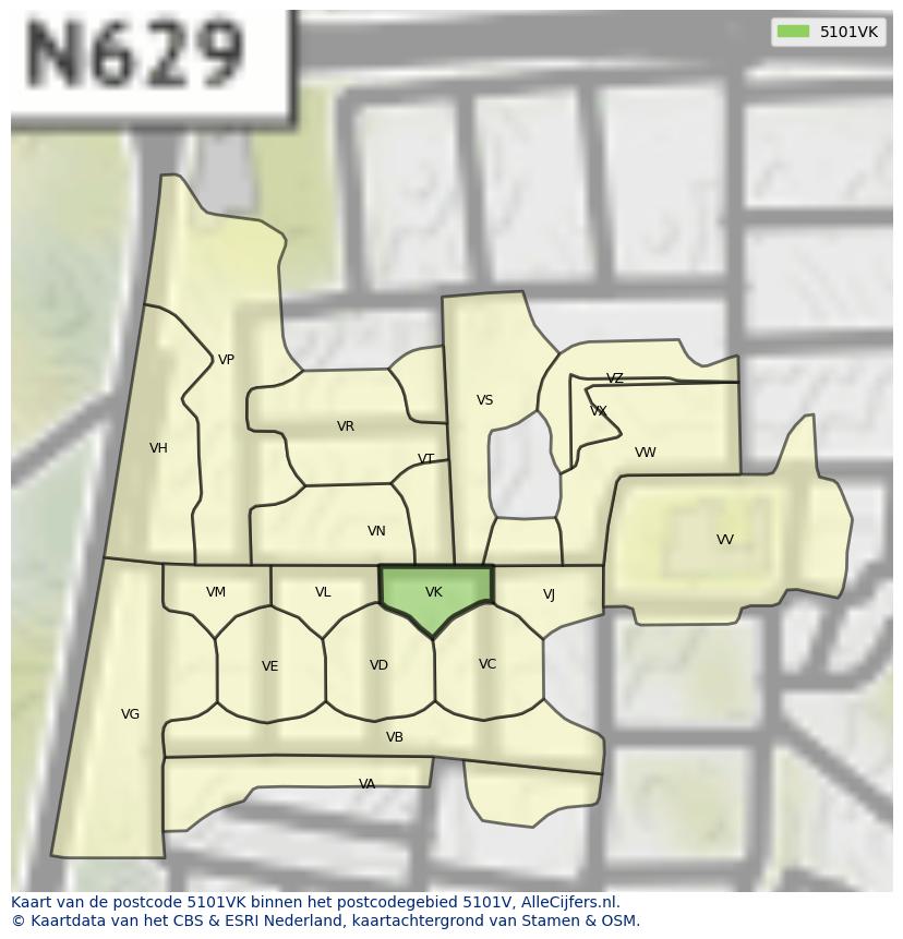 Afbeelding van het postcodegebied 5101 VK op de kaart.